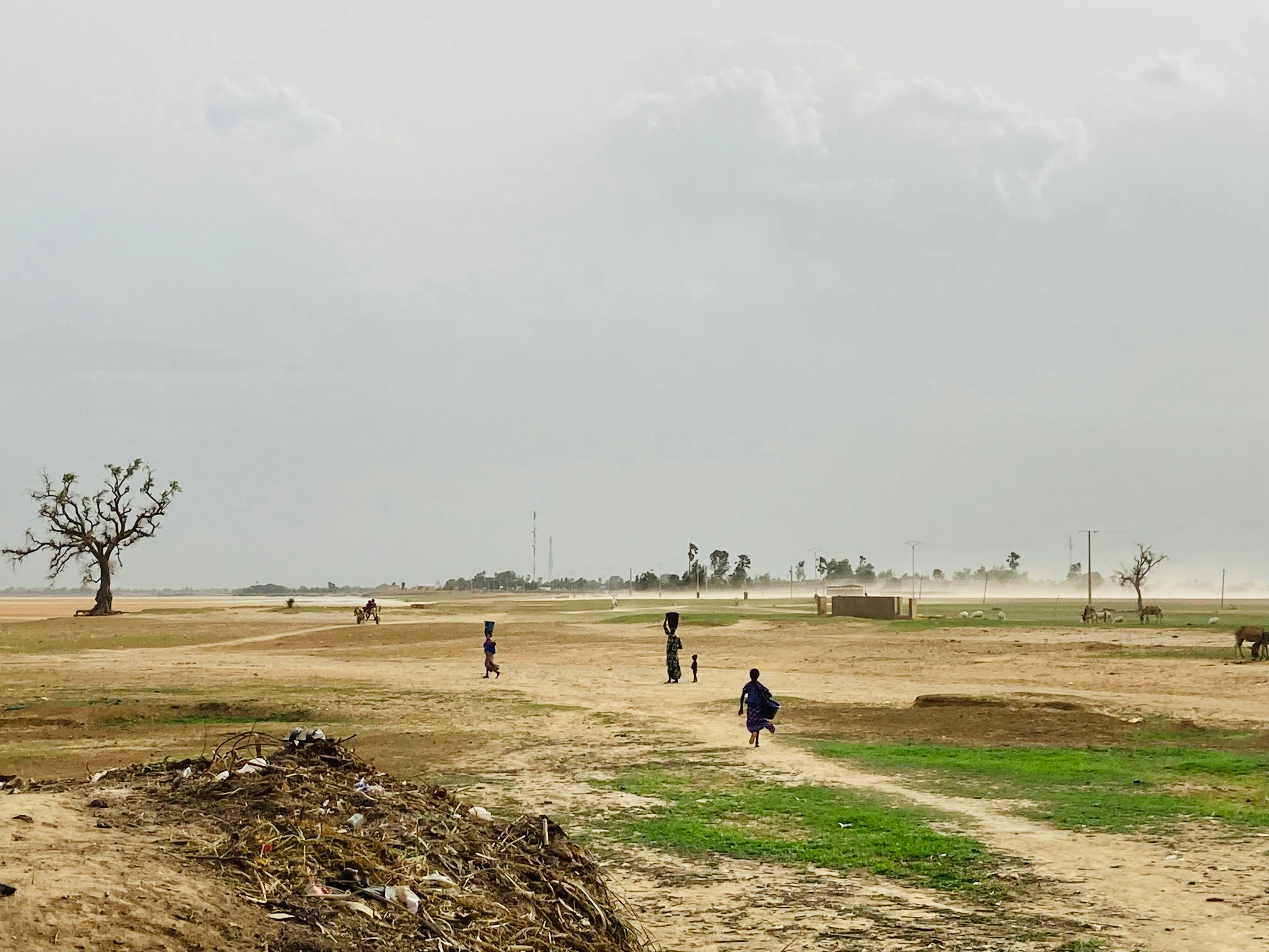 People walking on a dirt path in a dry landscape.