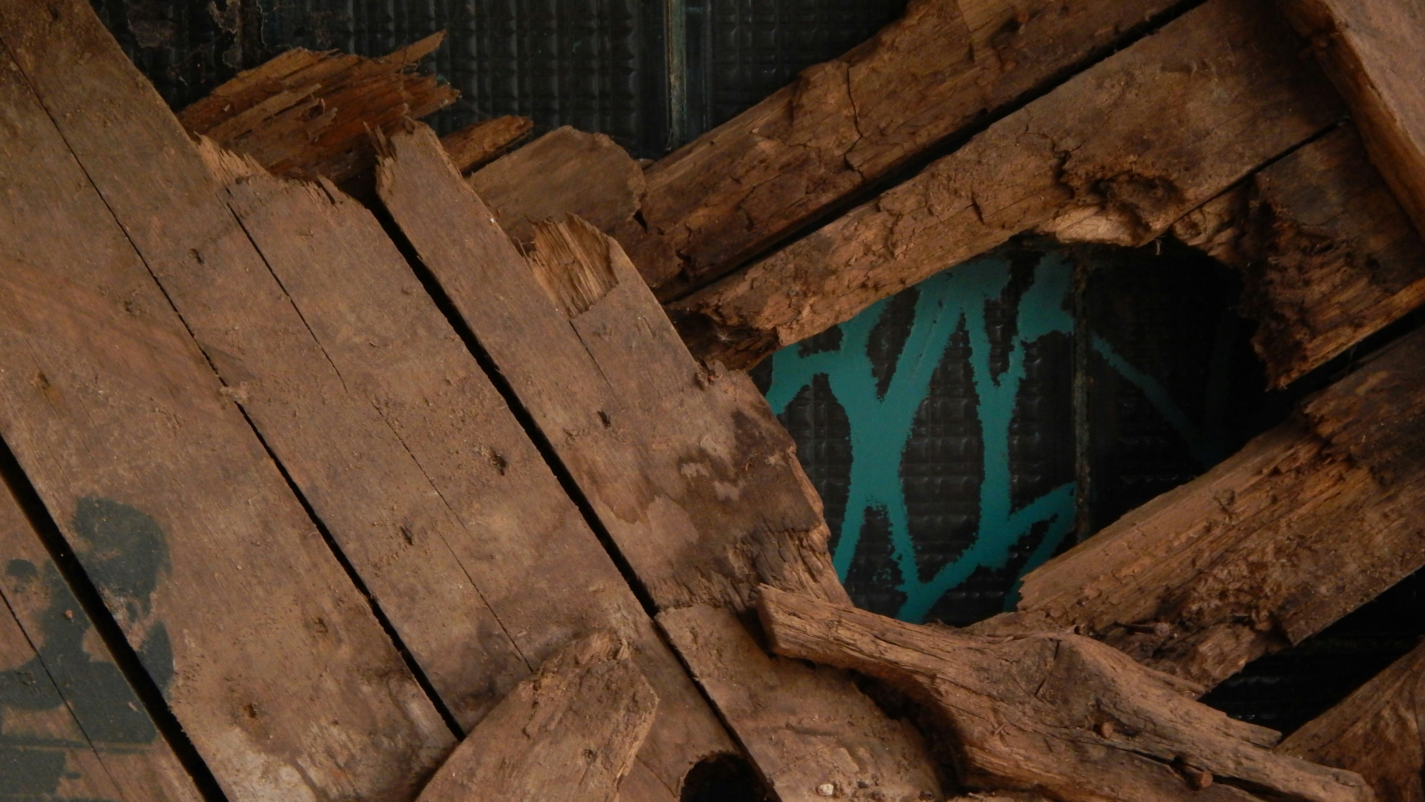 A teal patterned object is hidden amongst wooden planks.
