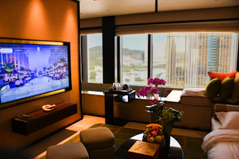 Luxurious hotel room with city view and large television