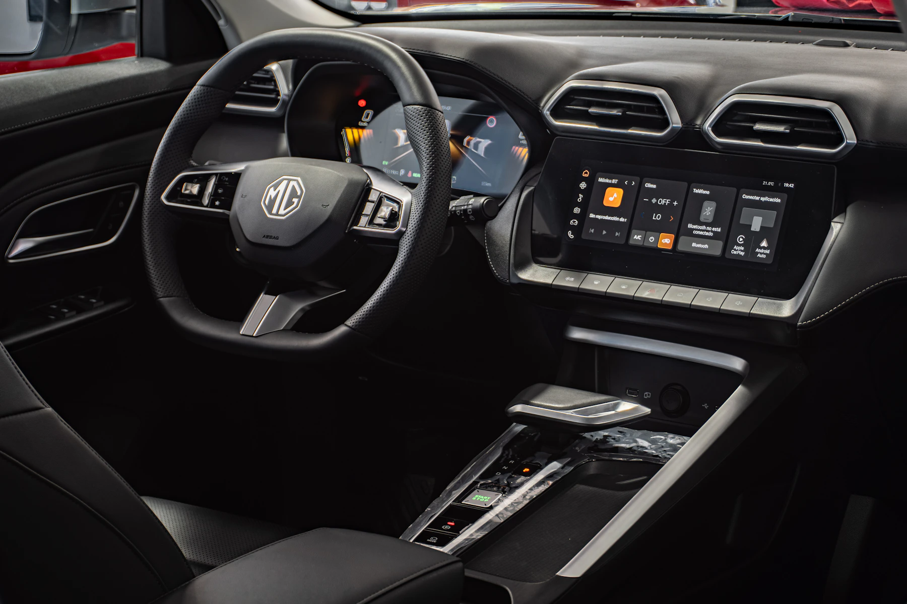 Modern automotive cockpit with digital dashboard and touchscreen controls