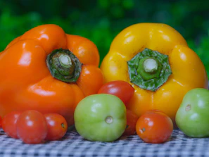 Orange and yellow bell peppers with tomatoes and tomatillos.