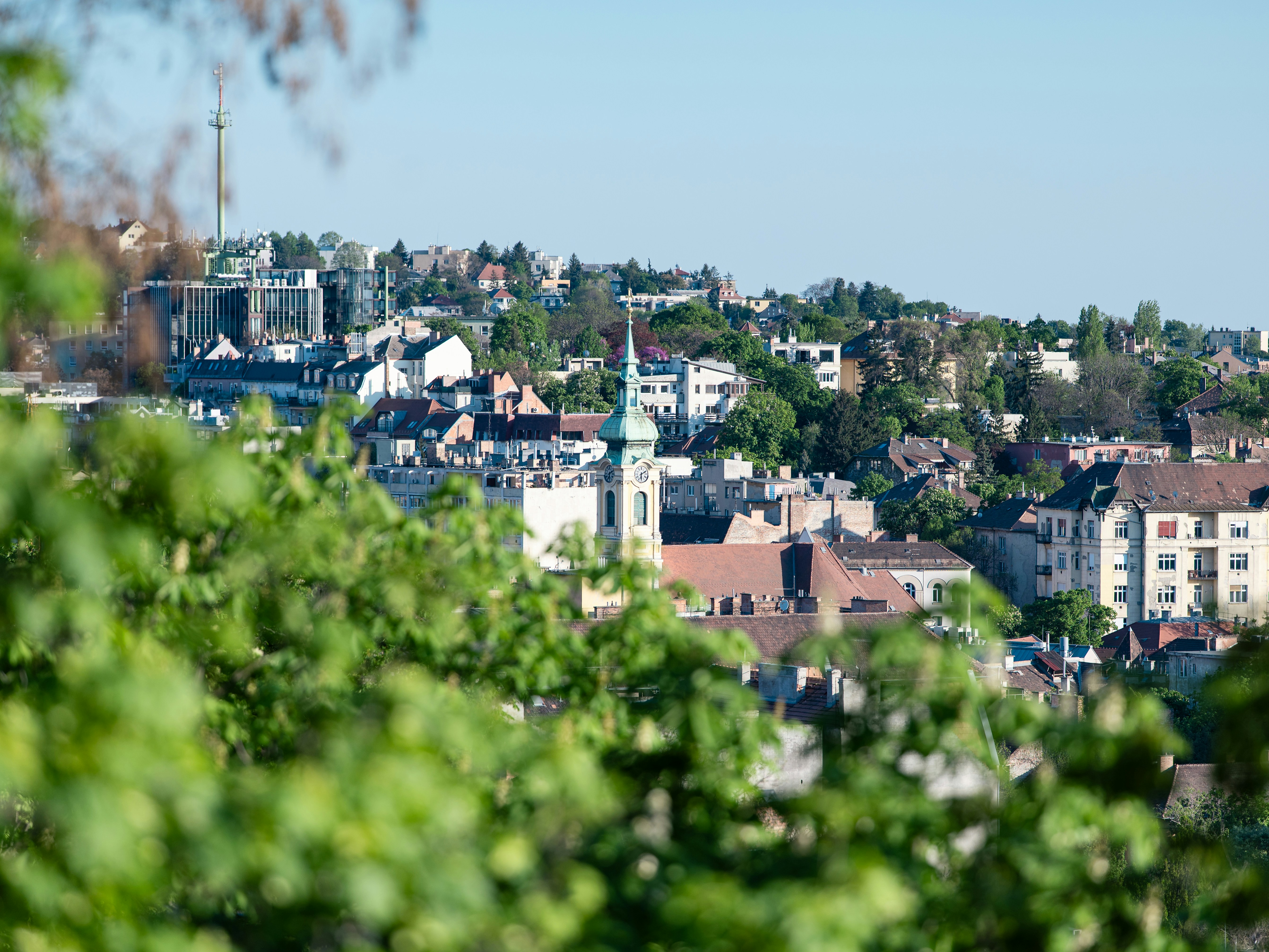 City skyline with a church steeple and green trees.
