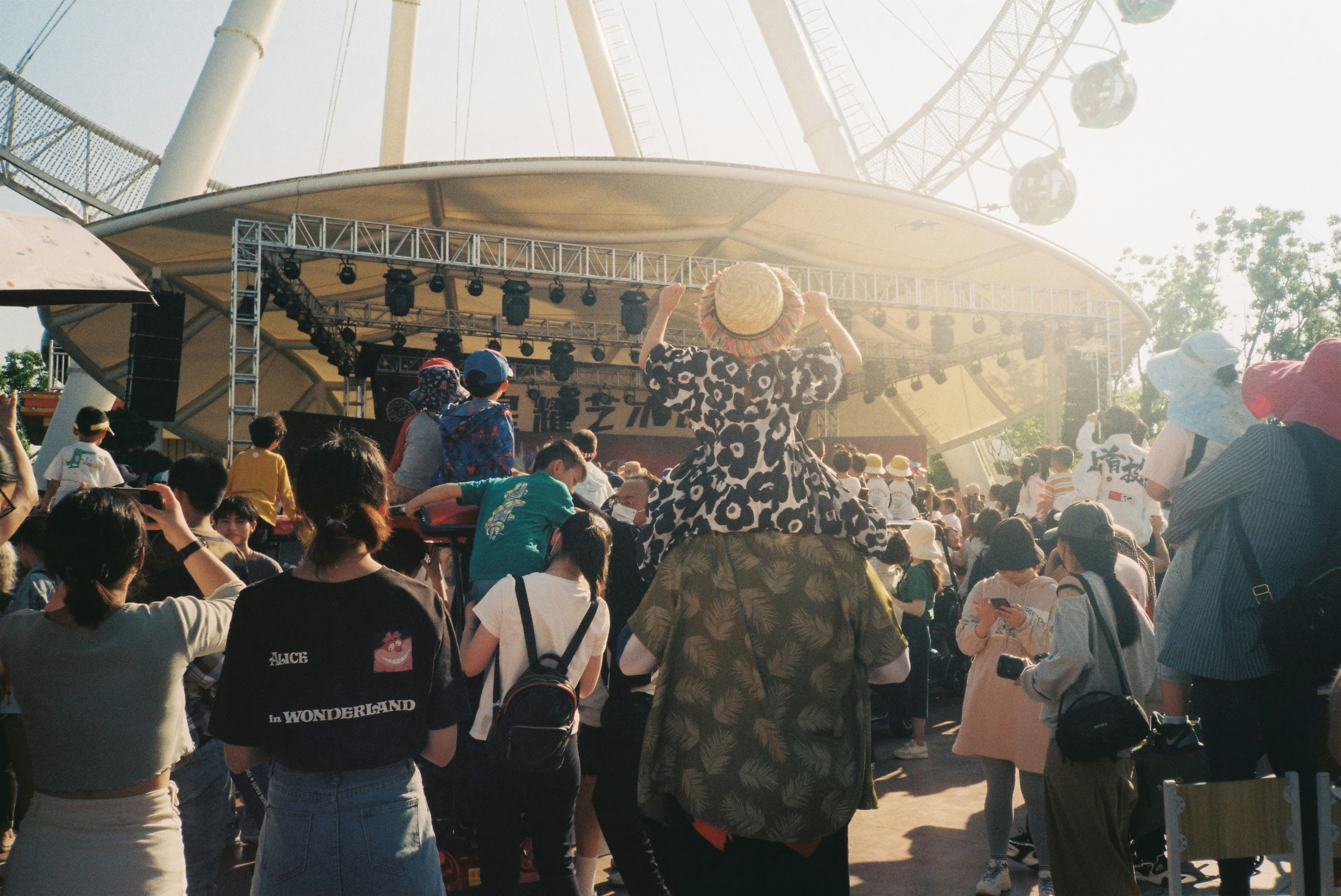 Crowd gathered at an outdoor concert with ferris wheel.
