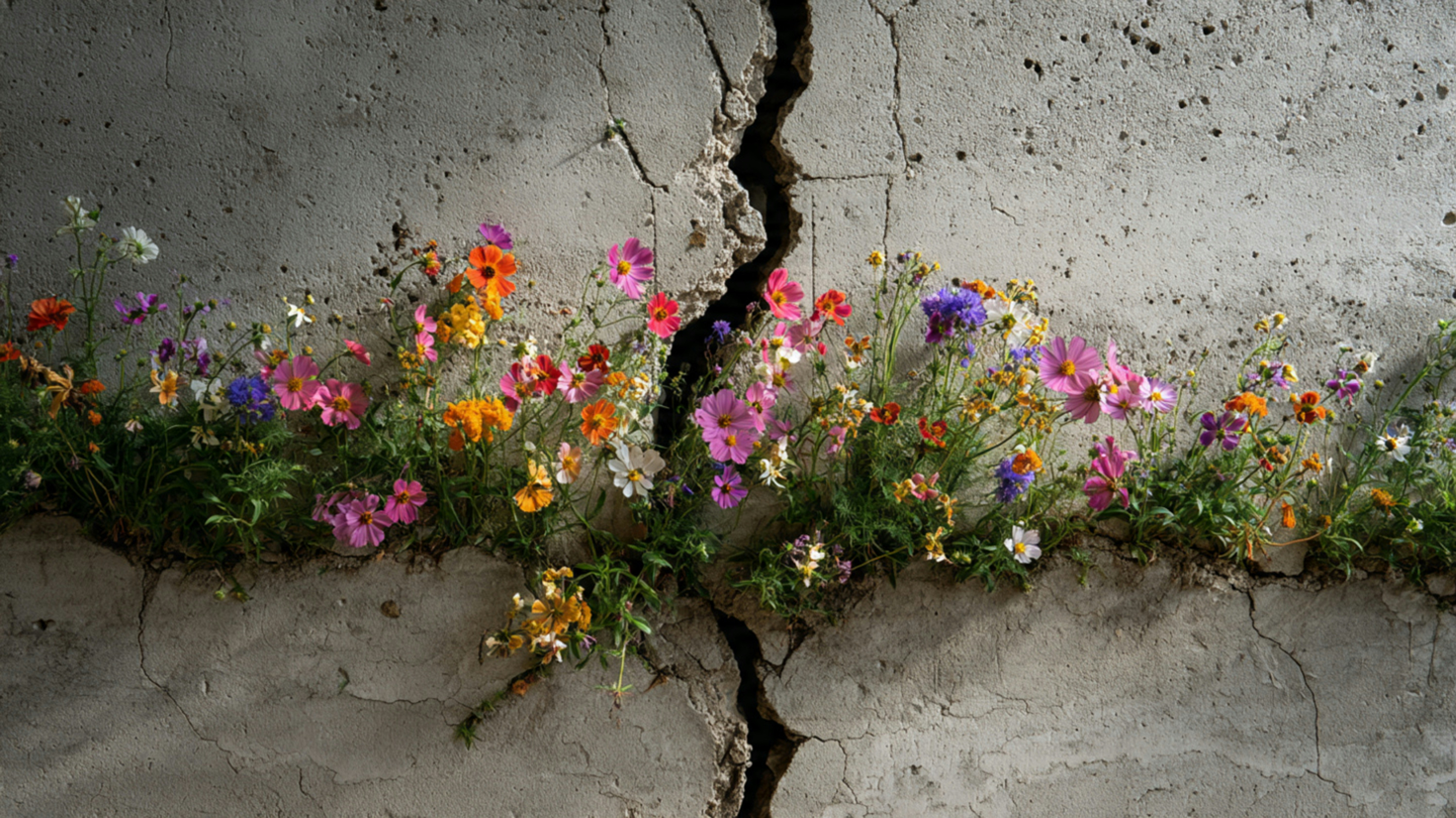 Colorful wildflowers growing through a concrete crack.