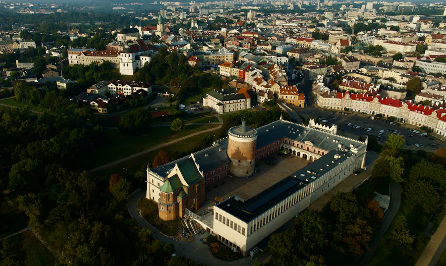 Aerial view of Lublin Castle and historic rooftops