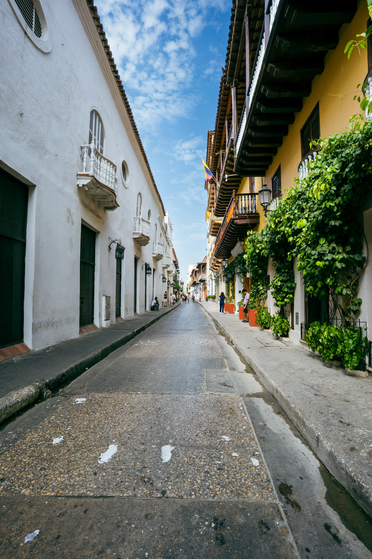 A quiet Cartagena street lined with white and ochre colonial buildings and leafy balconies