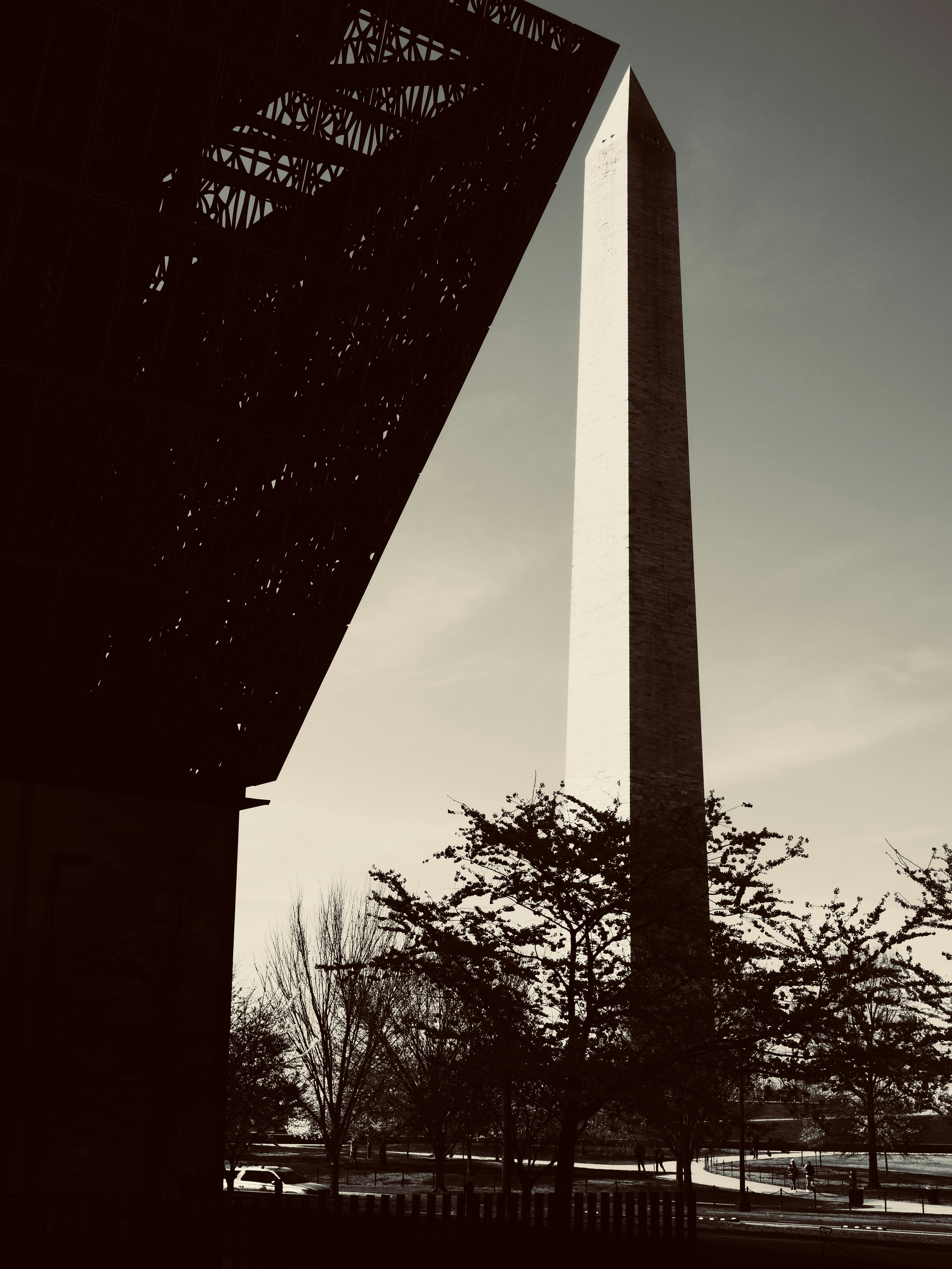 Modern architectural structure with trees against sky