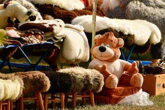 A plush teddy bear sits on a small chair.