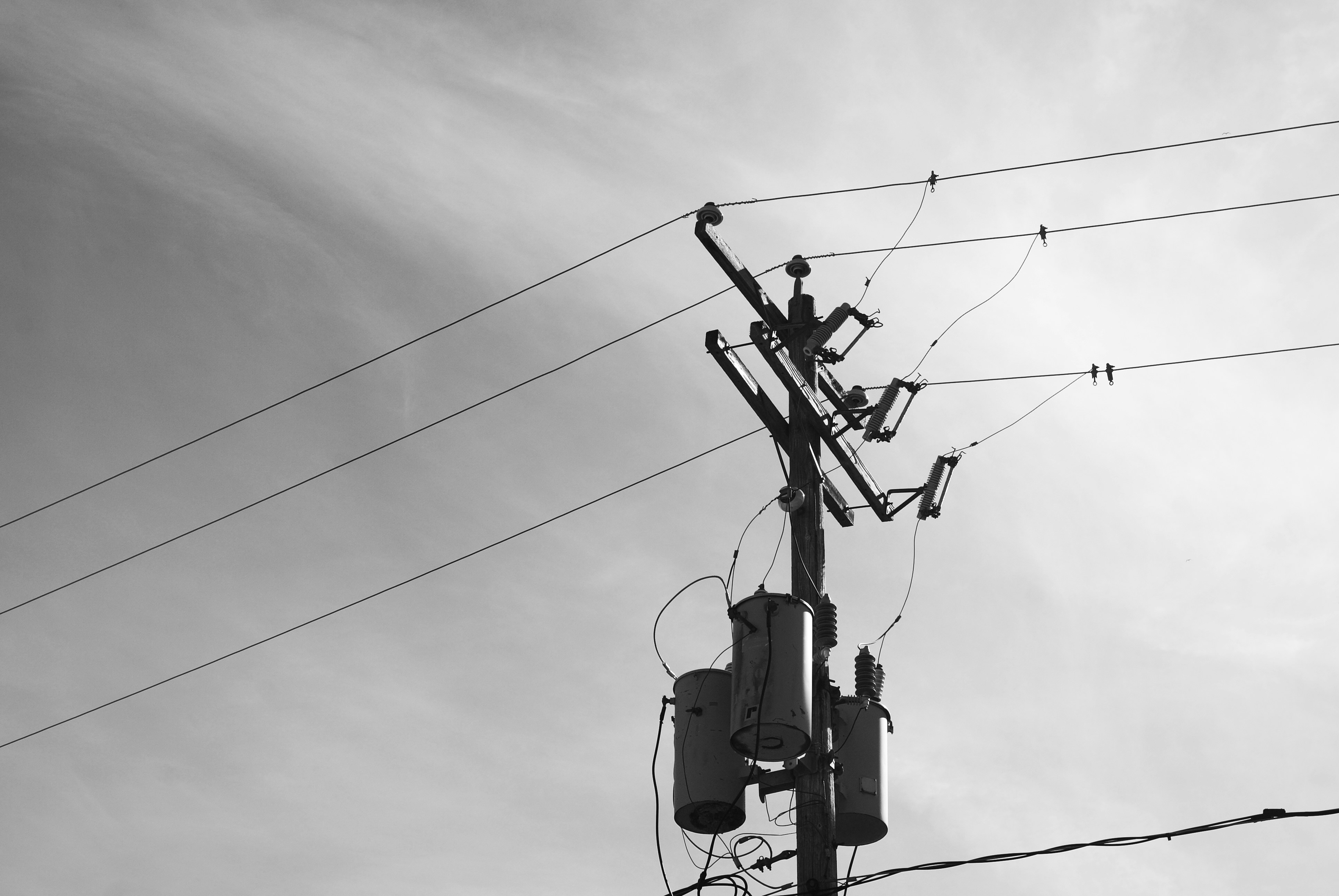 Un palo della luce con trasformatore e linee elettriche.