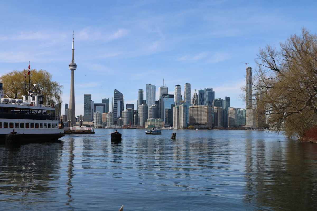 Toronto skyline and CN Tower seen across the water from the Toronto Islands