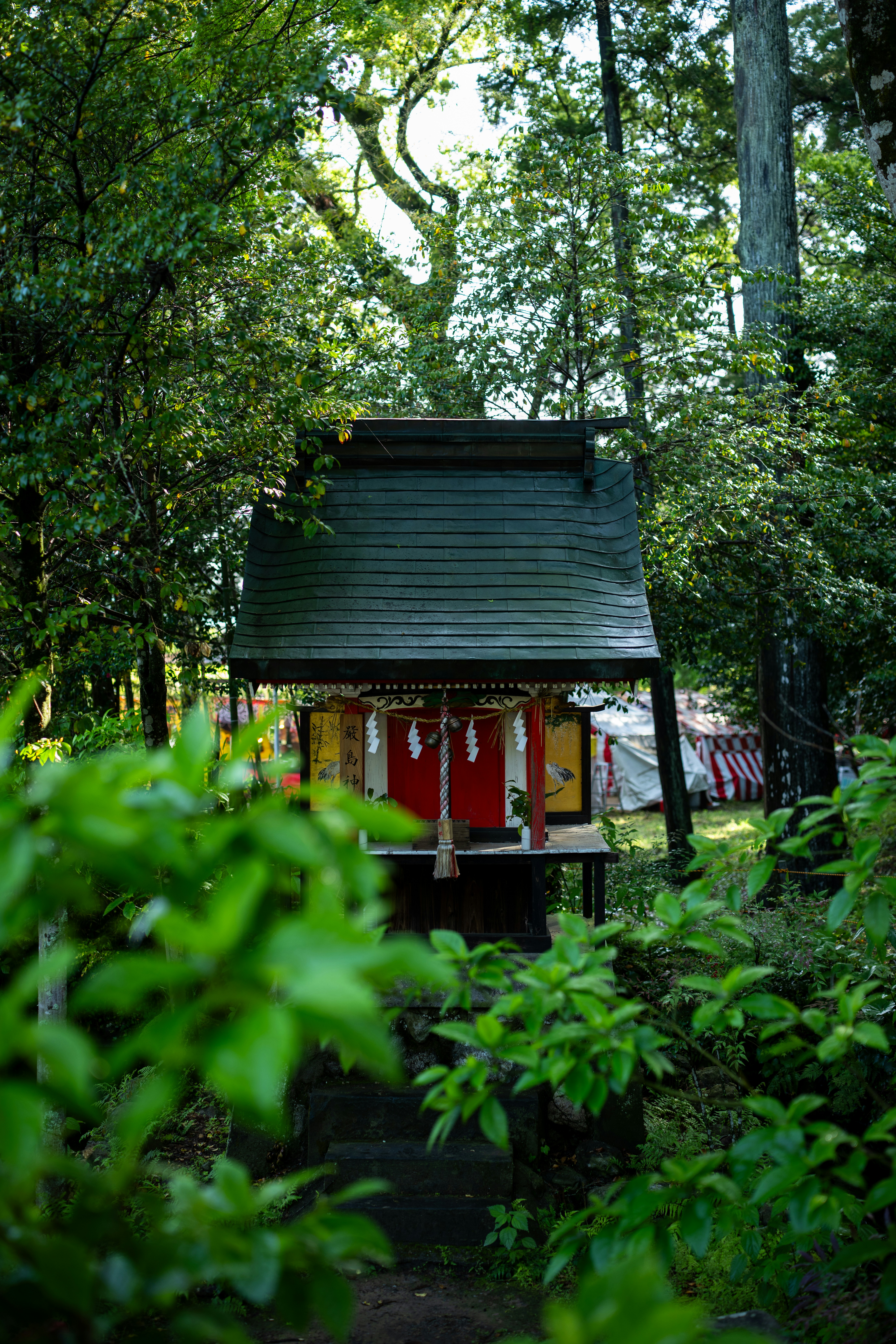 Small shrine nestled amongst lush green trees.