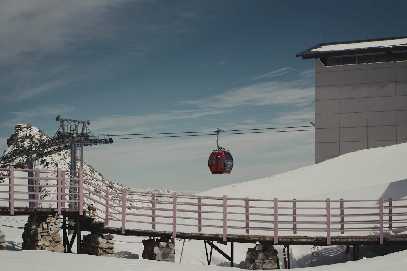 Gondola sailing over snowfields