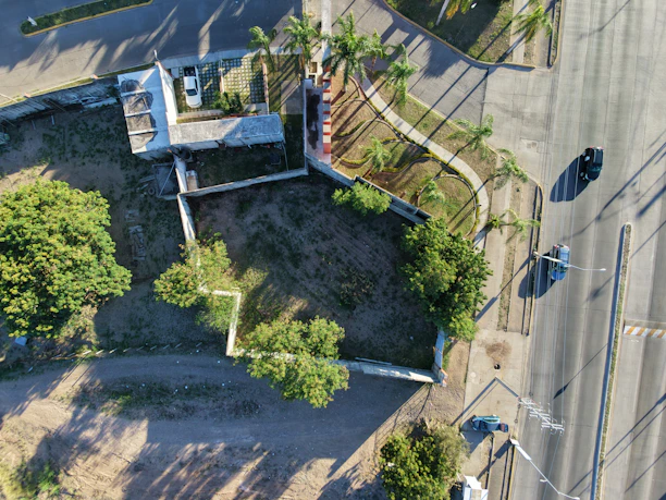 Aerial view of a vacant lot with trees and street.