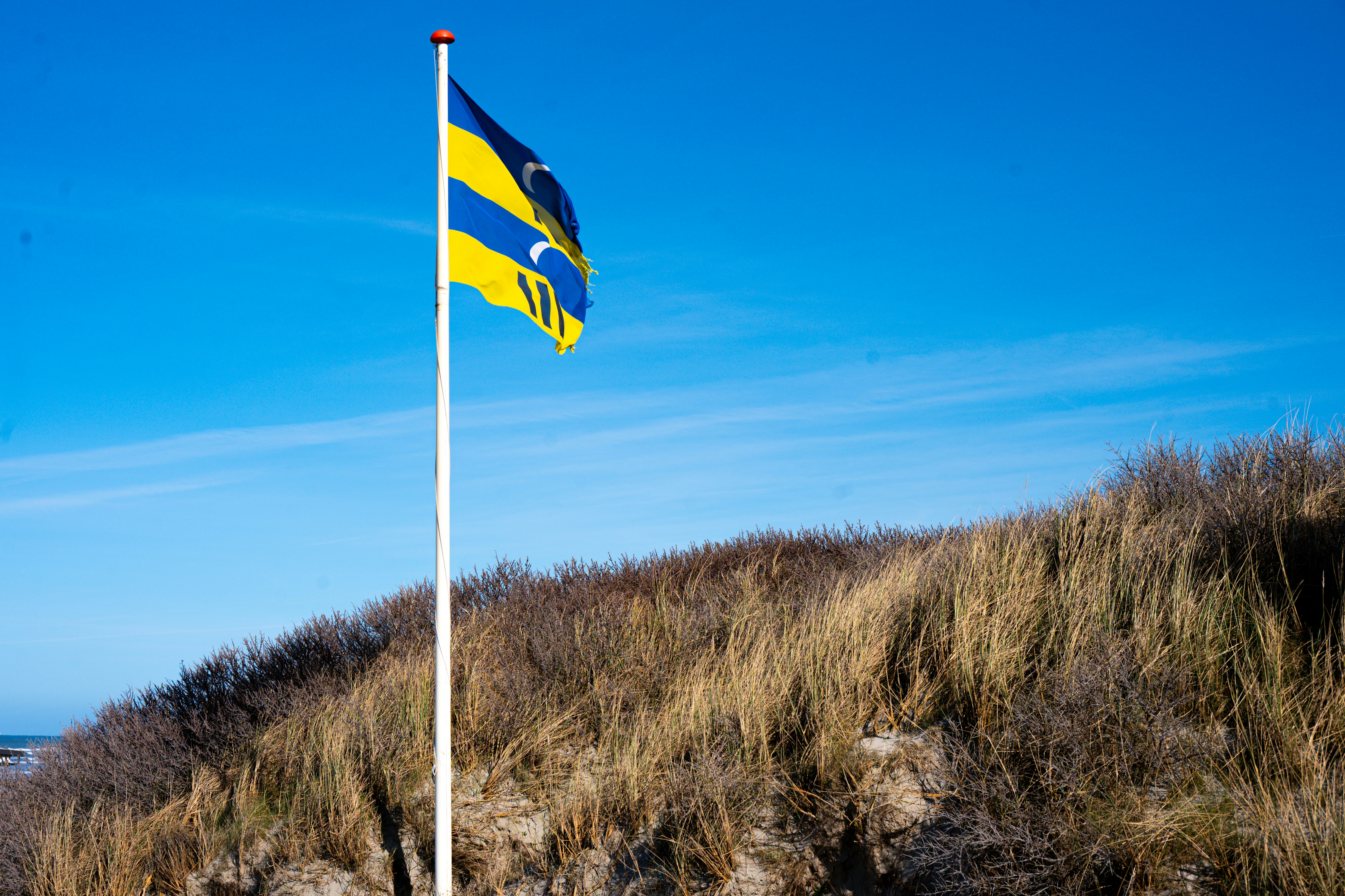 A flag waves on a pole against a blue sky.