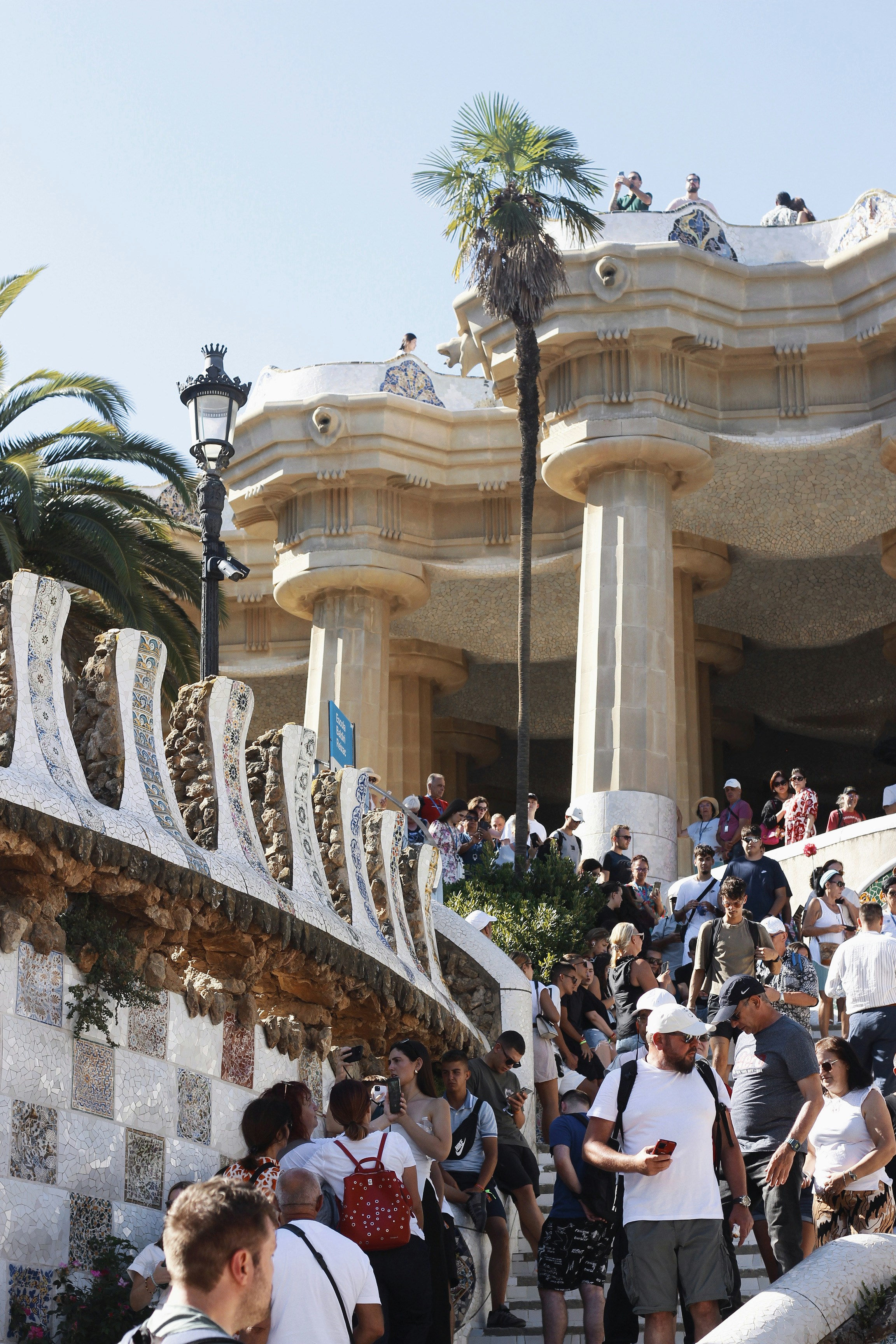 Les gens montent des marches près de colonnes ornées et de palmiers.