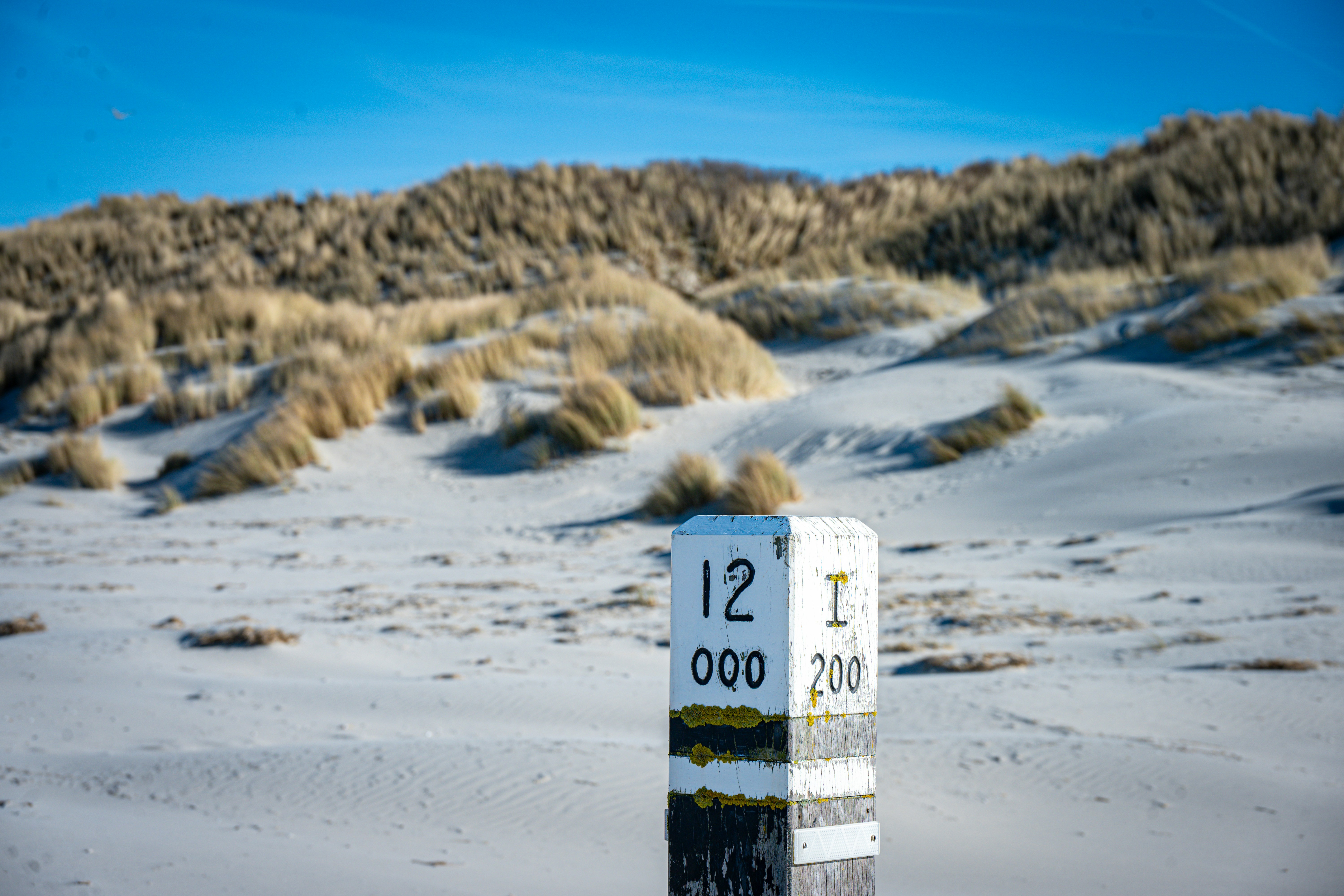 A milestone marker in the dunes — symbolising early milestones
