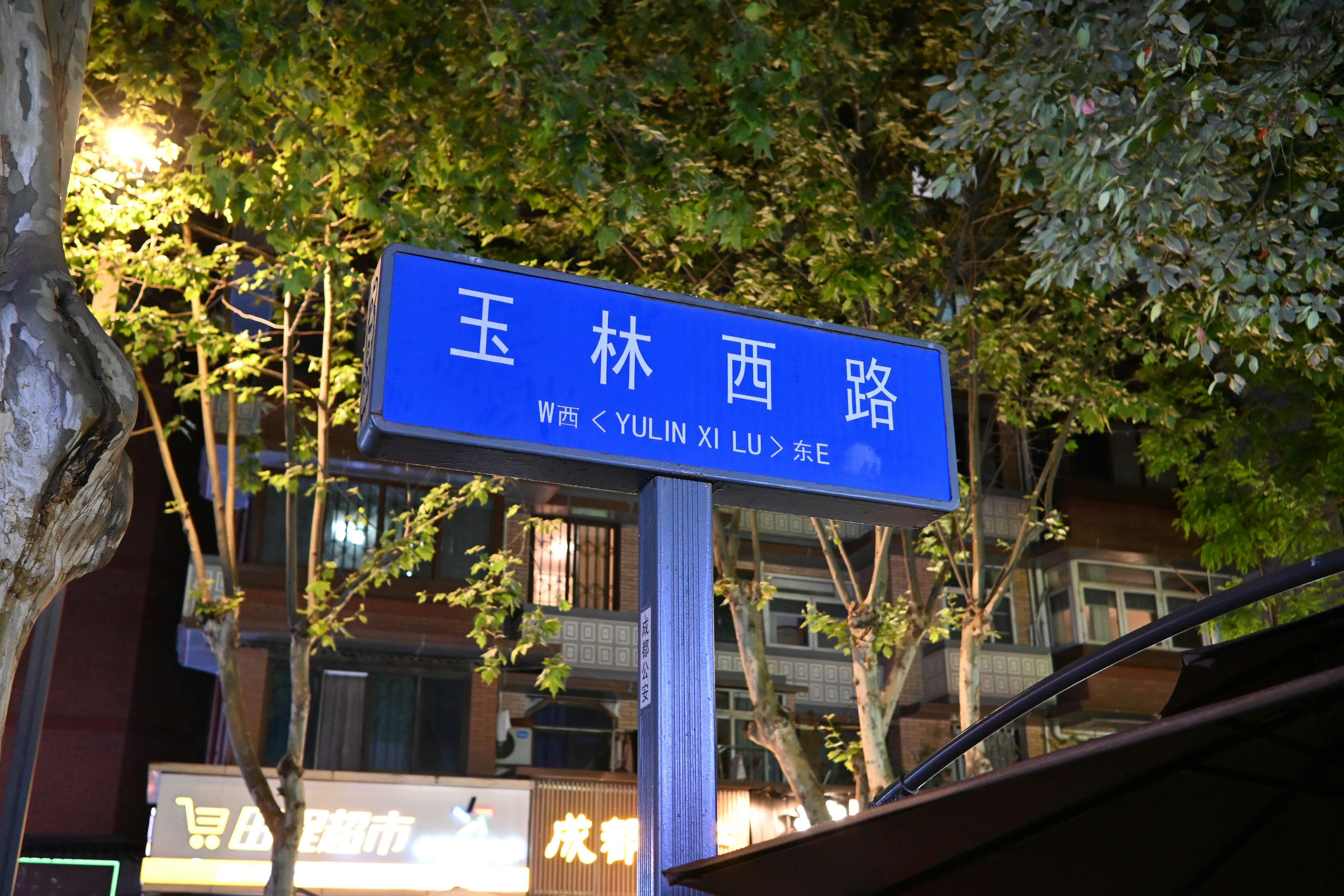 Cartel azul de la calle con caracteres chinos y texto en inglés