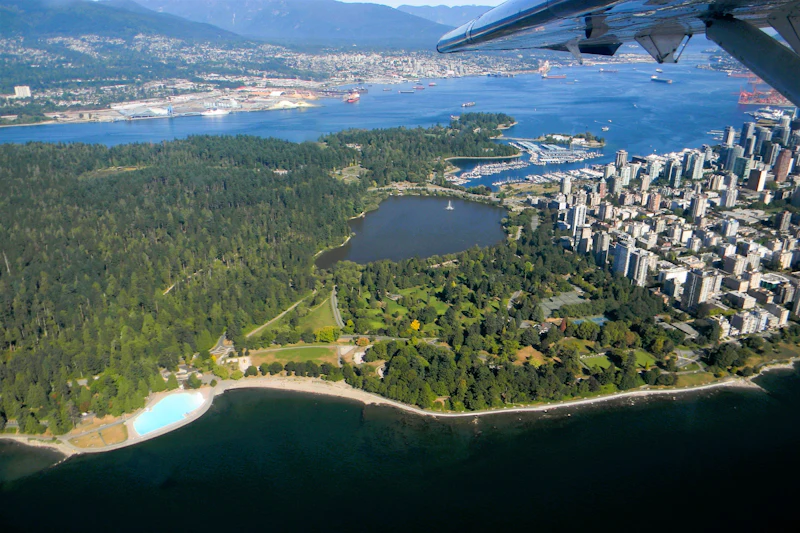 Aerial view of Stanley Park and downtown Vancouver