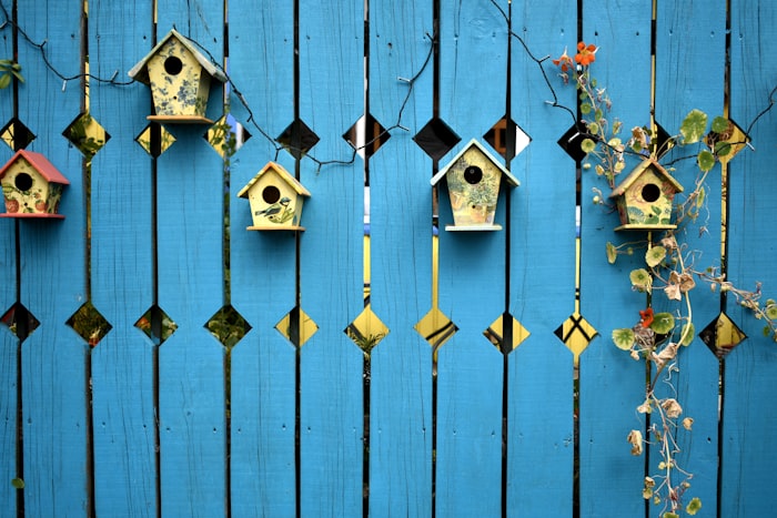 A row of colorful painted birdhouses mounted along a bright blue wooden fence.