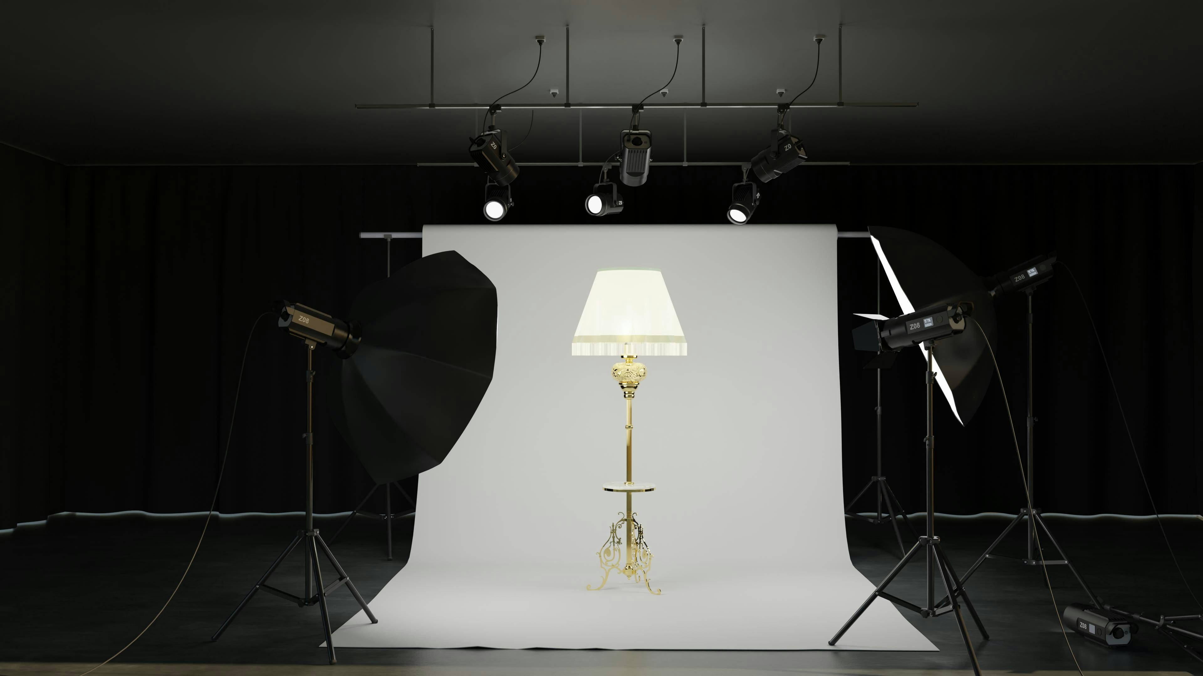 Une lampe est installée pour une séance photo en studio.