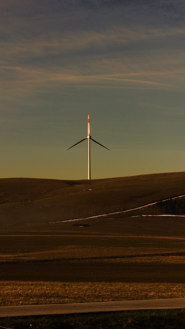 Single wind turbine on a green hill