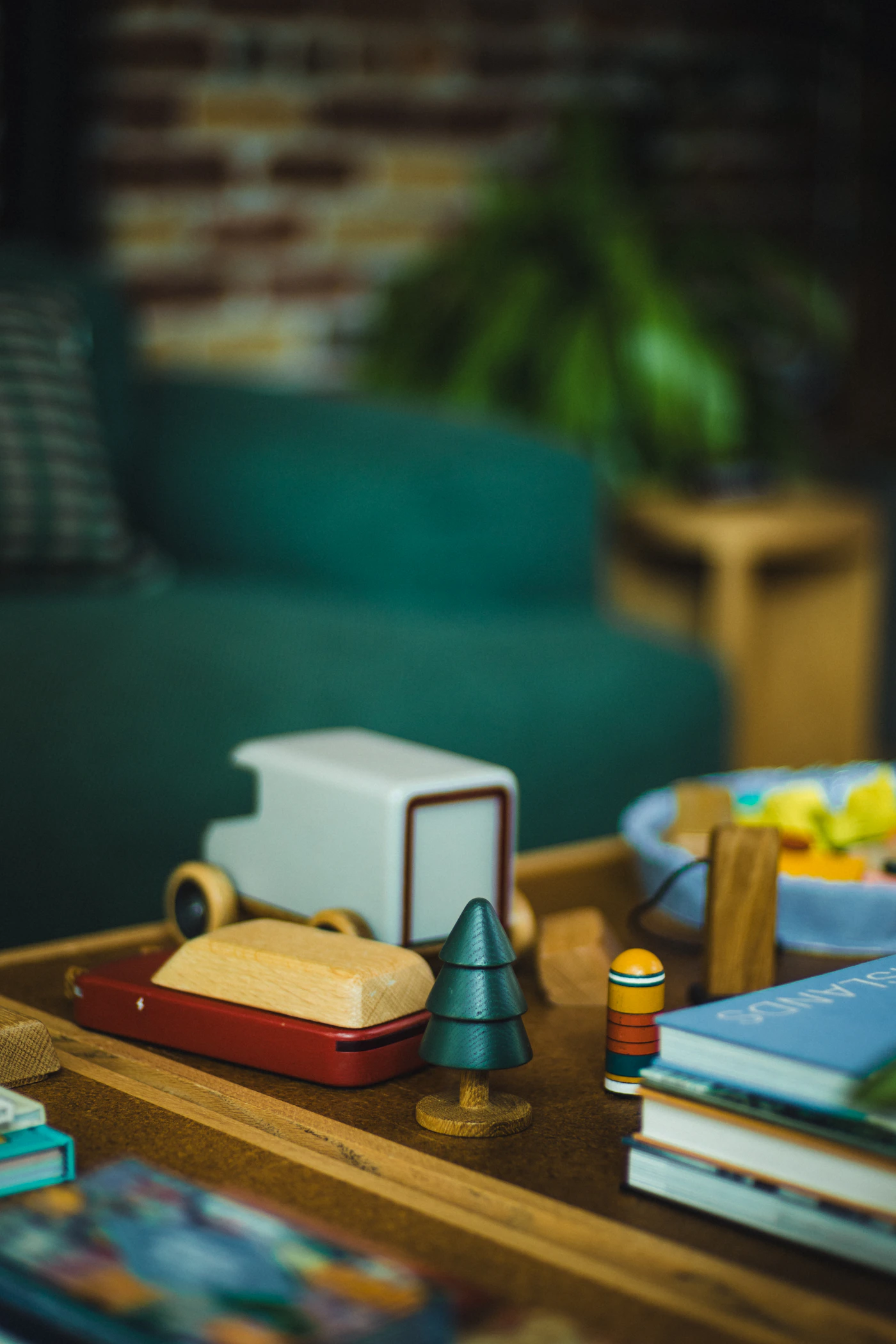 Wooden educational toys and books arranged for creative early learning