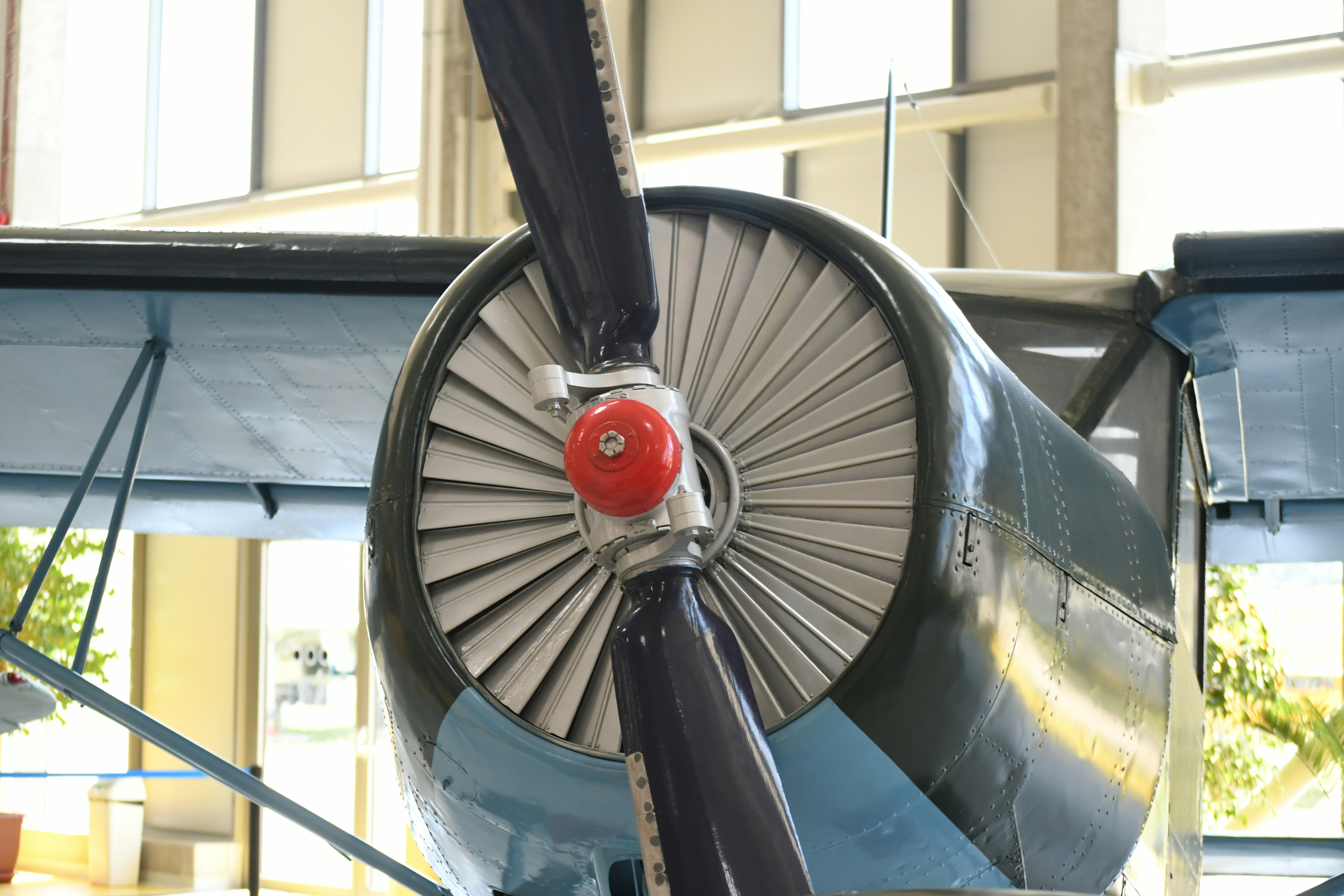 Close-up of an airplane engine with propeller