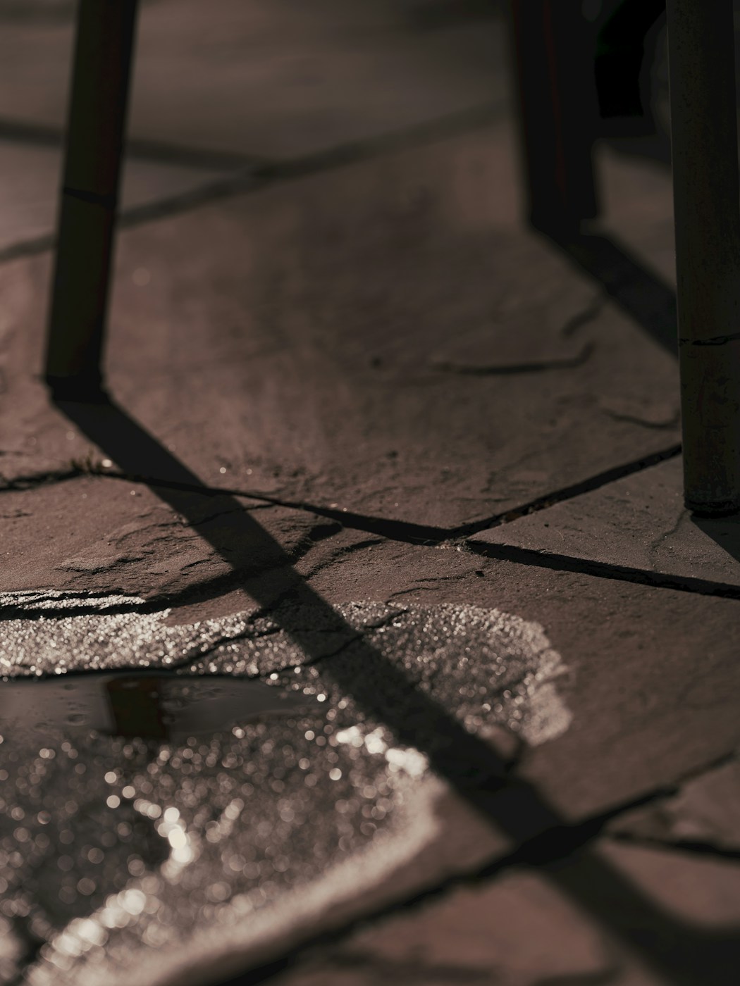 Water gathered on a stone patio surface after rain, with wet paving reflecting the sky