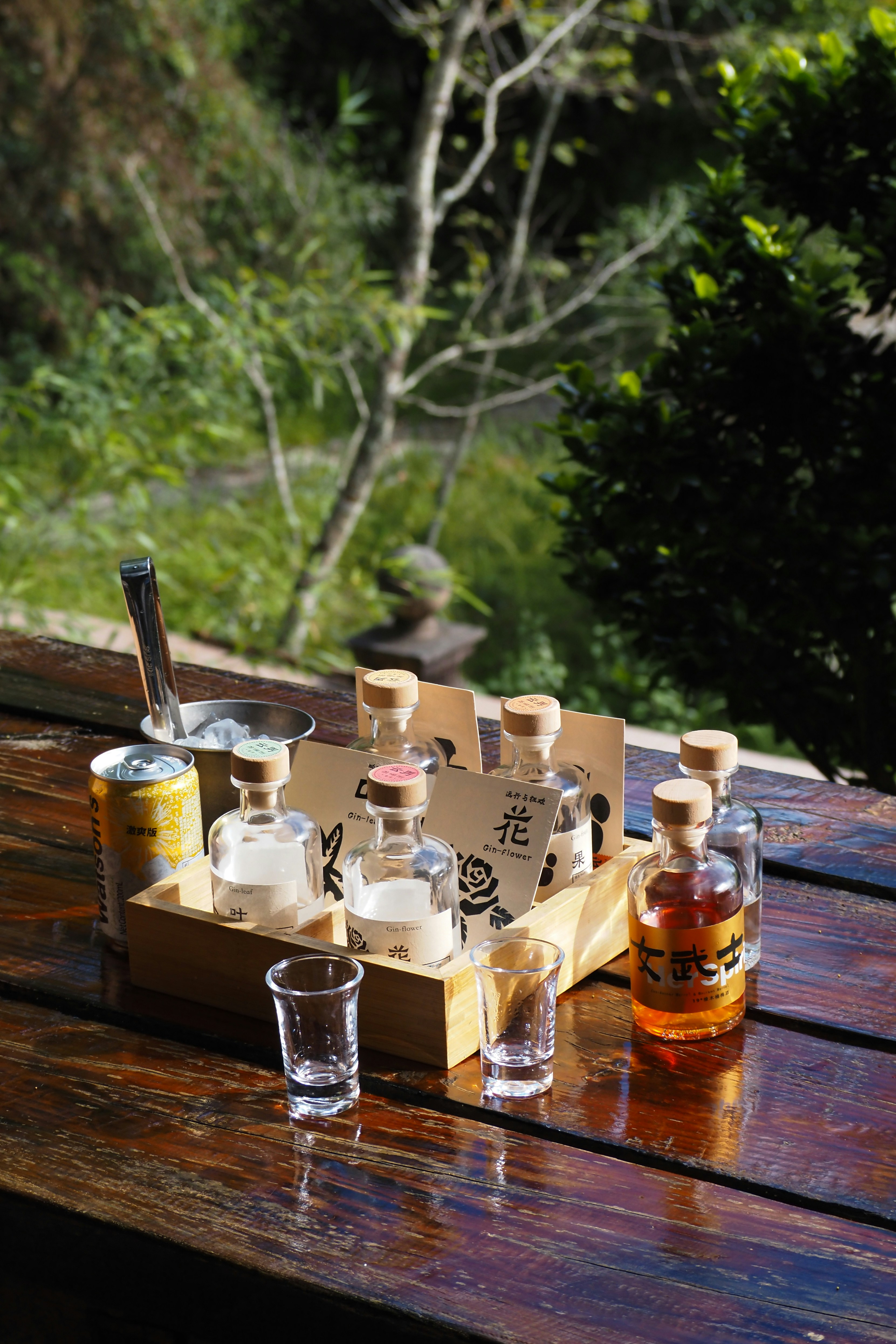 Bottles of liquid and shot glasses on a wooden table