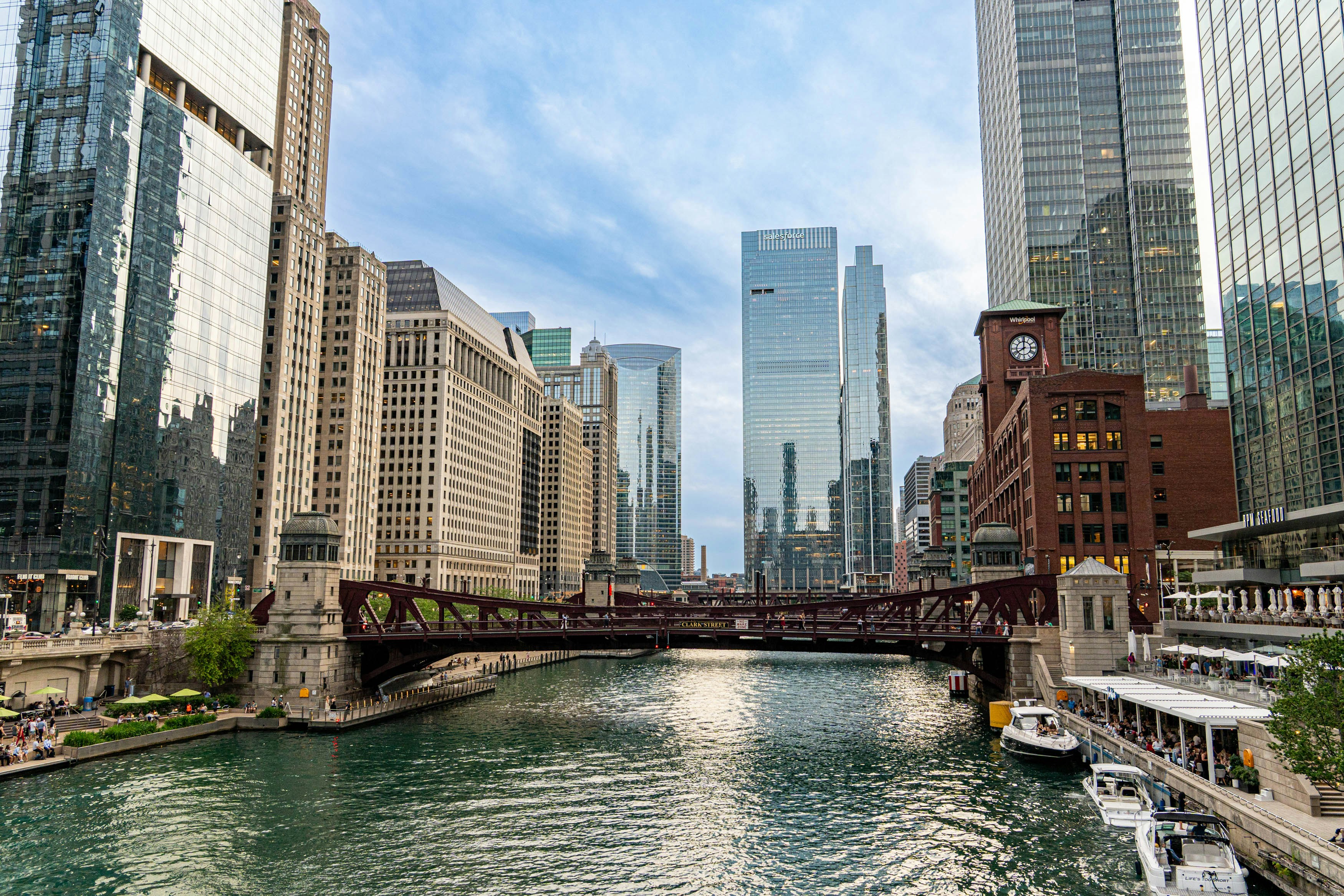 Midwest city skyline real estate - Chicago cityscape with river and bridge underpass bridge