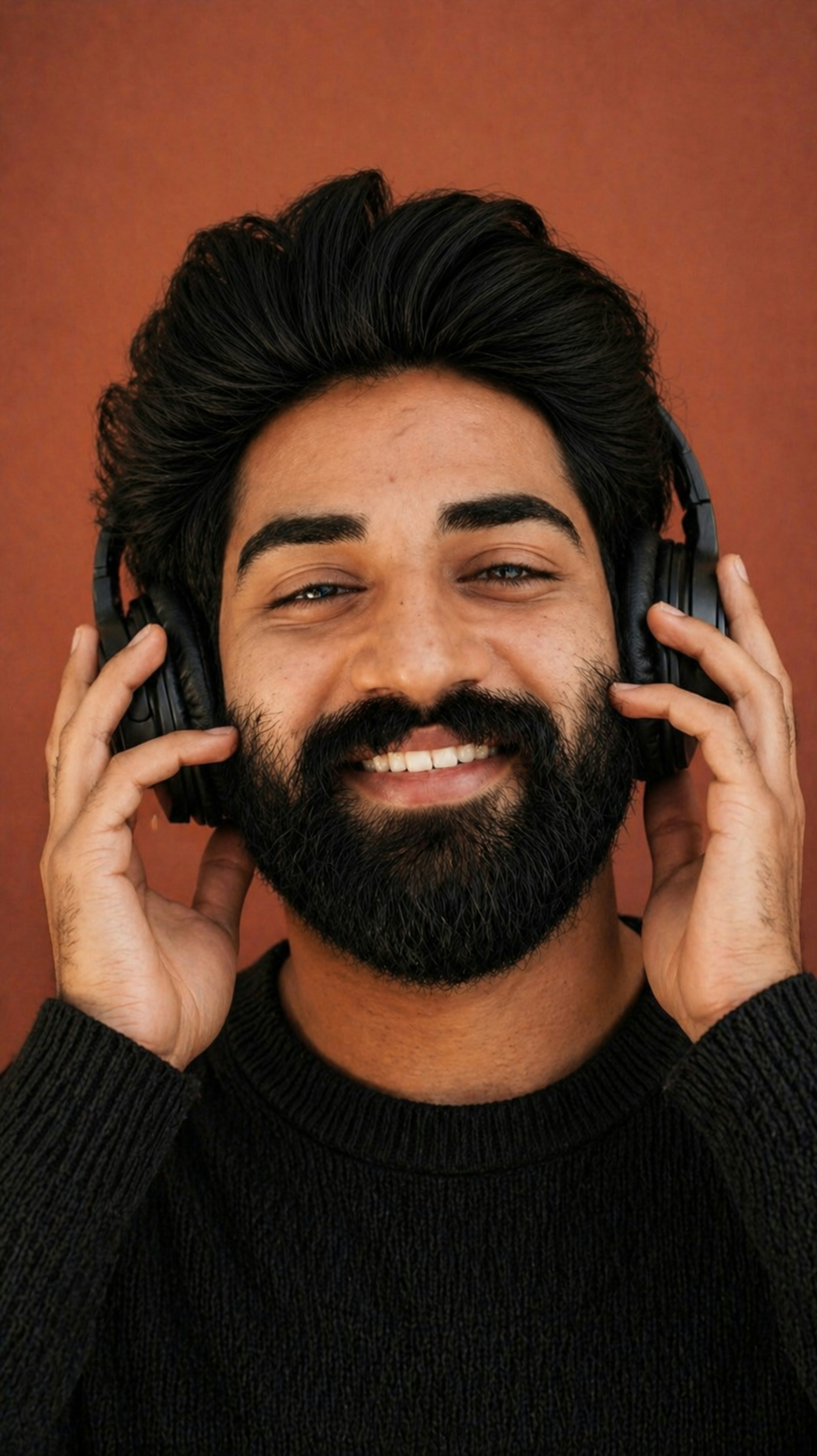 Man with beard wearing headphones and smiling
