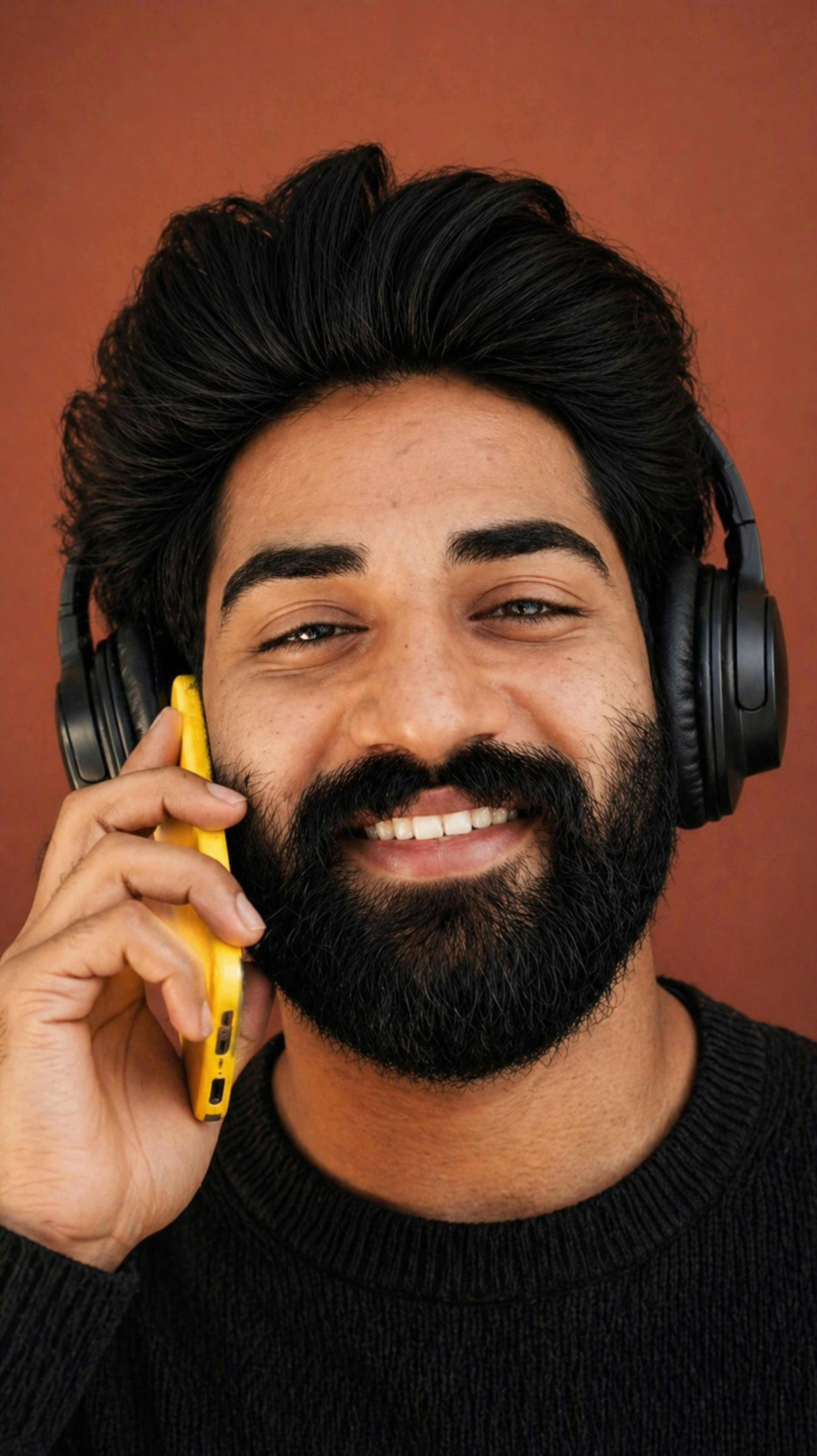 Man with headphones talking on a yellow phone