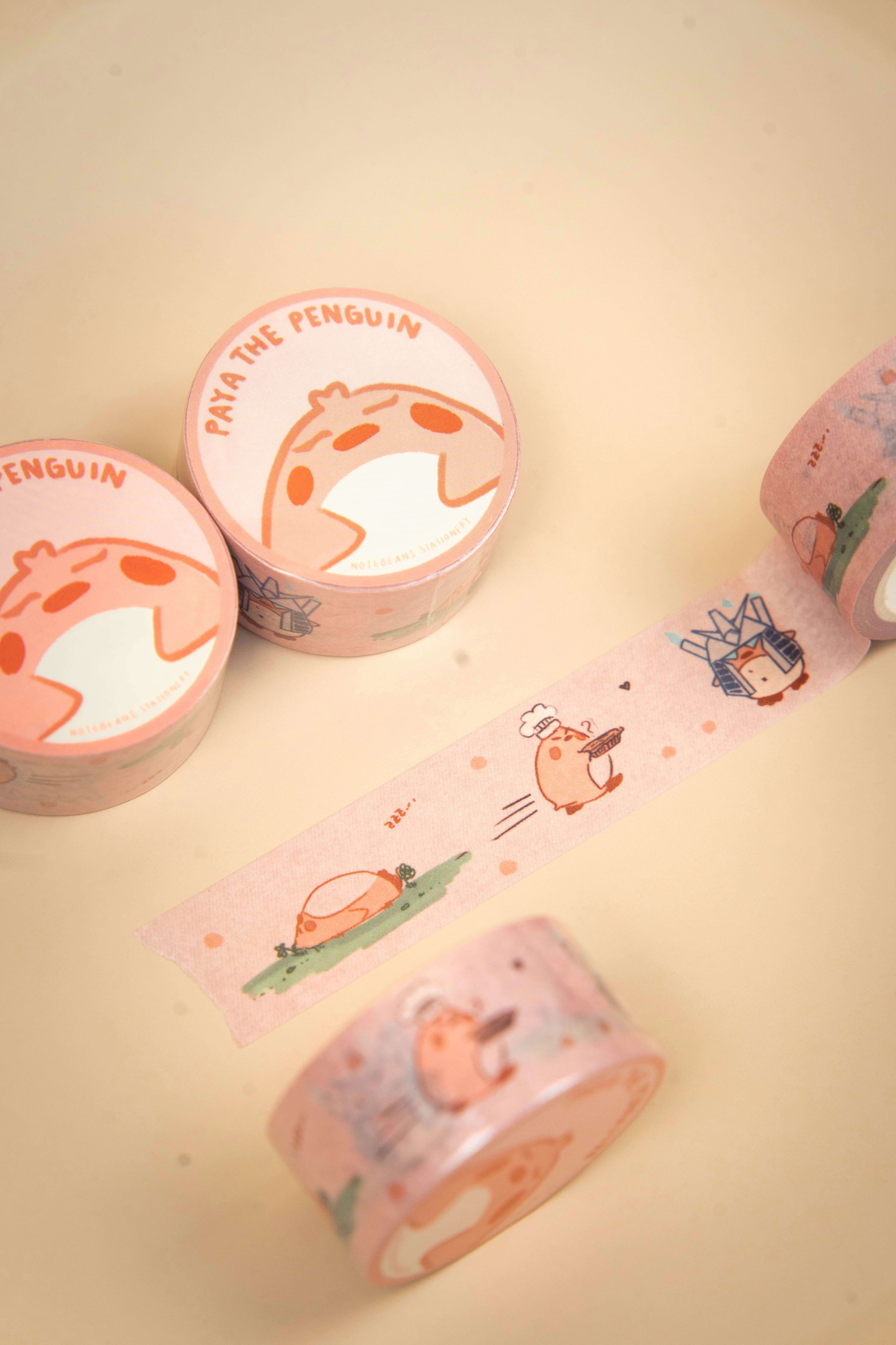Pink decorative tape with penguin illustrations