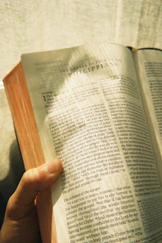 Hand holding an open bible with sunlight streaming through.