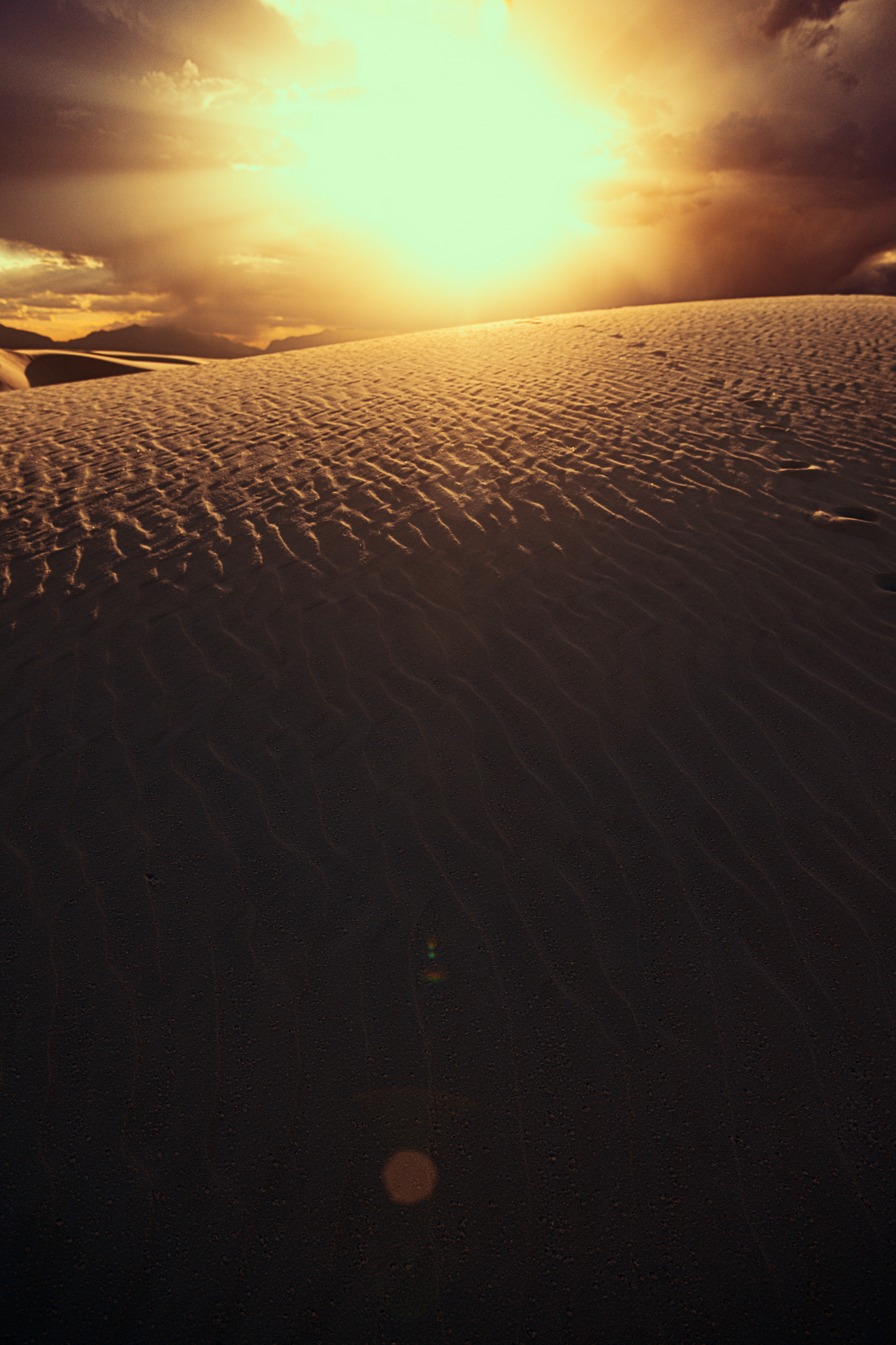 Golden sun shines over rippled sand dunes
