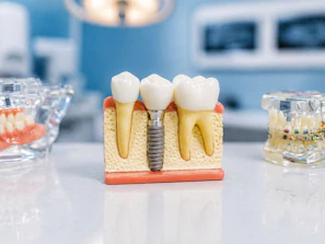 Dental implant model showing tooth, root, and jawbone.