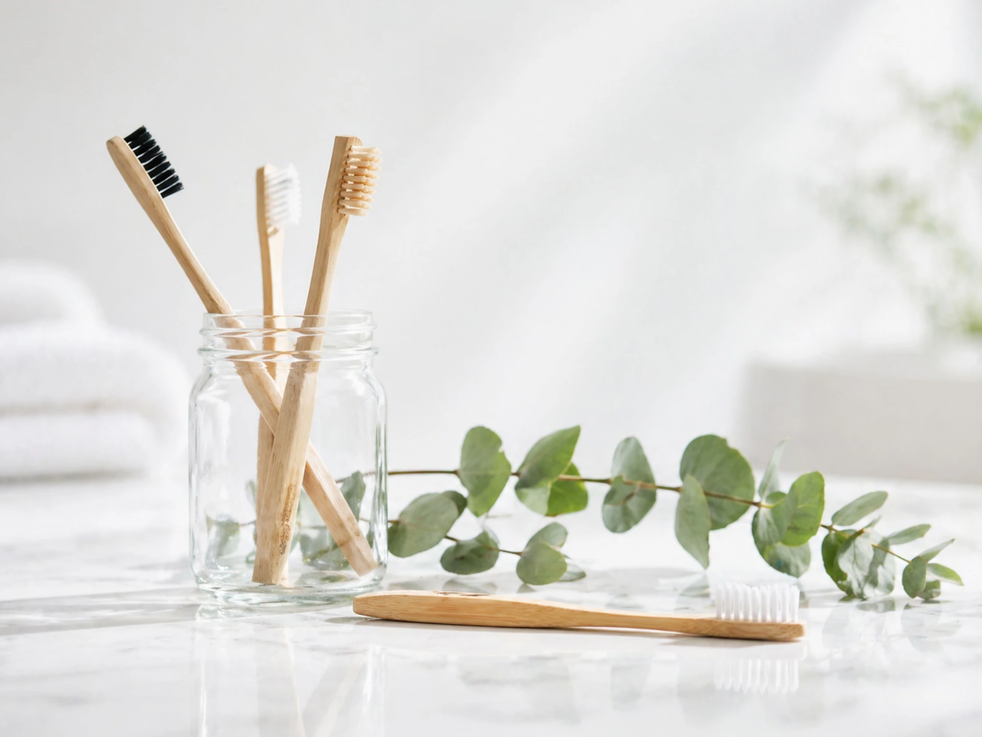 Bamboo toothbrushes in a glass jar with eucalyptus leaves.