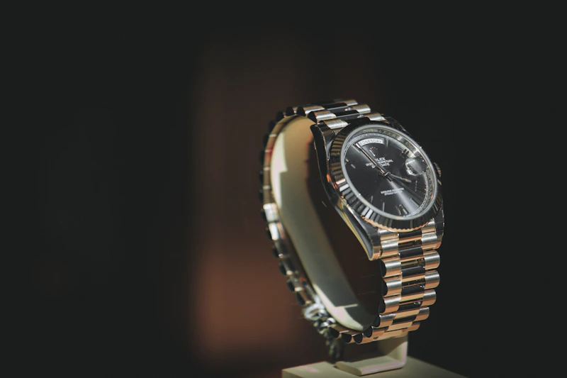 A luxury watch with a metal band