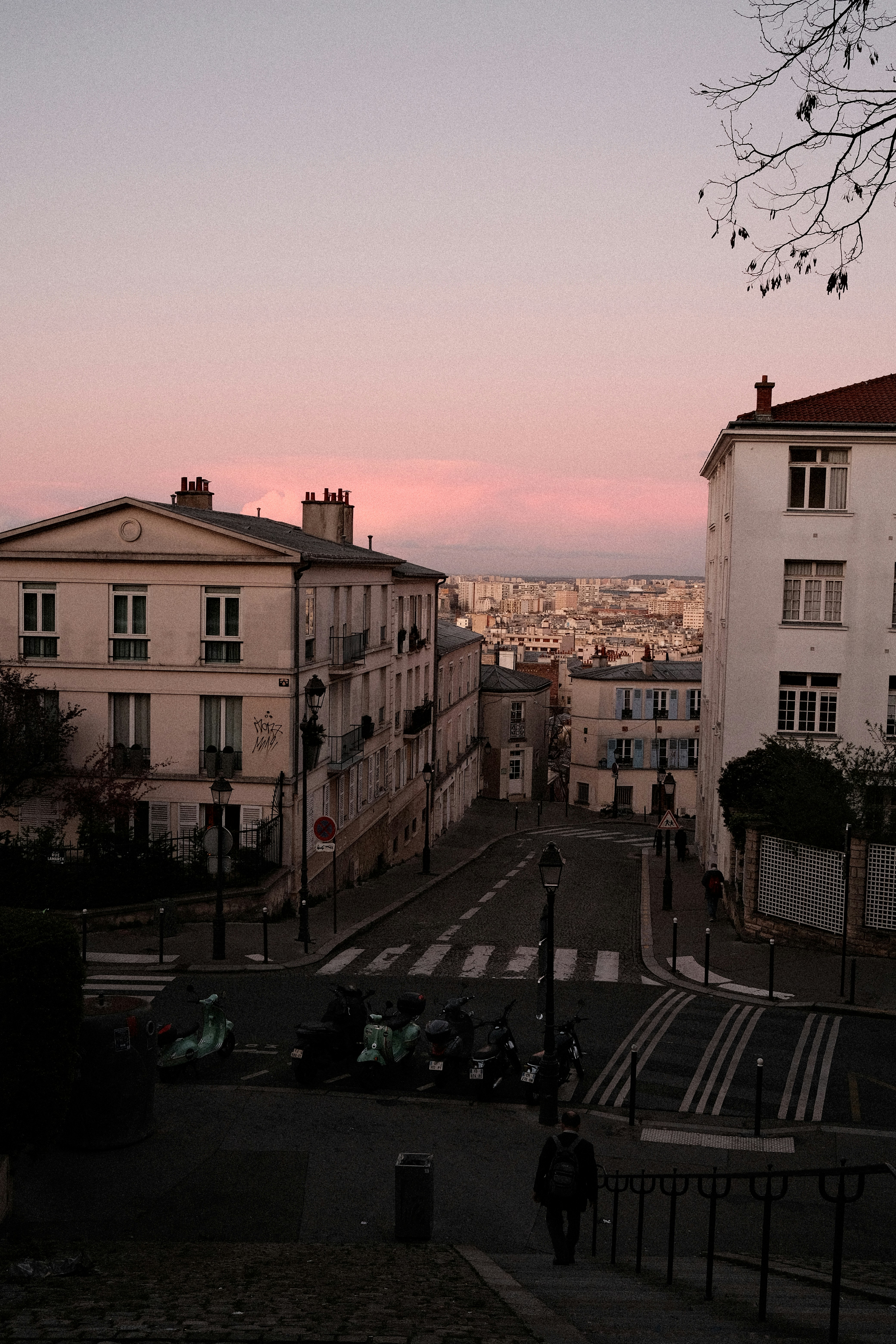 Rue de la ville avec des bâtiments au crépuscule et un ciel rose