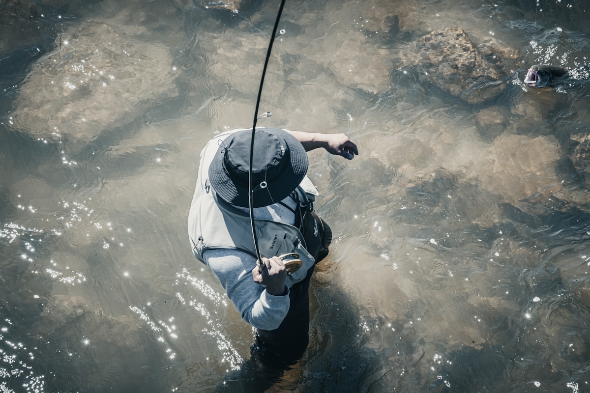 Angler fishing shallow rocky water — reading current seams for holding trout