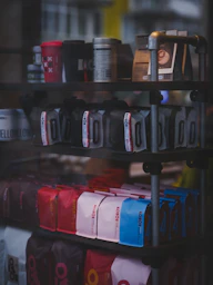 Shelves filled with coffee bags and cups