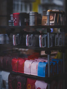 Shelves filled with coffee bags and cups