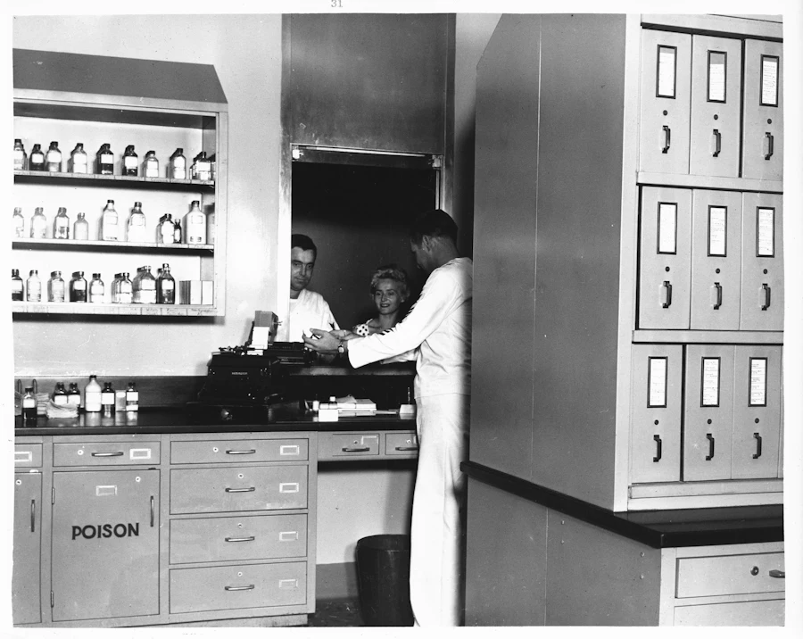 Laboratory with shelves of bottles
