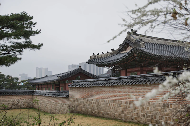 Traditional Korean palace roofs and stone walls