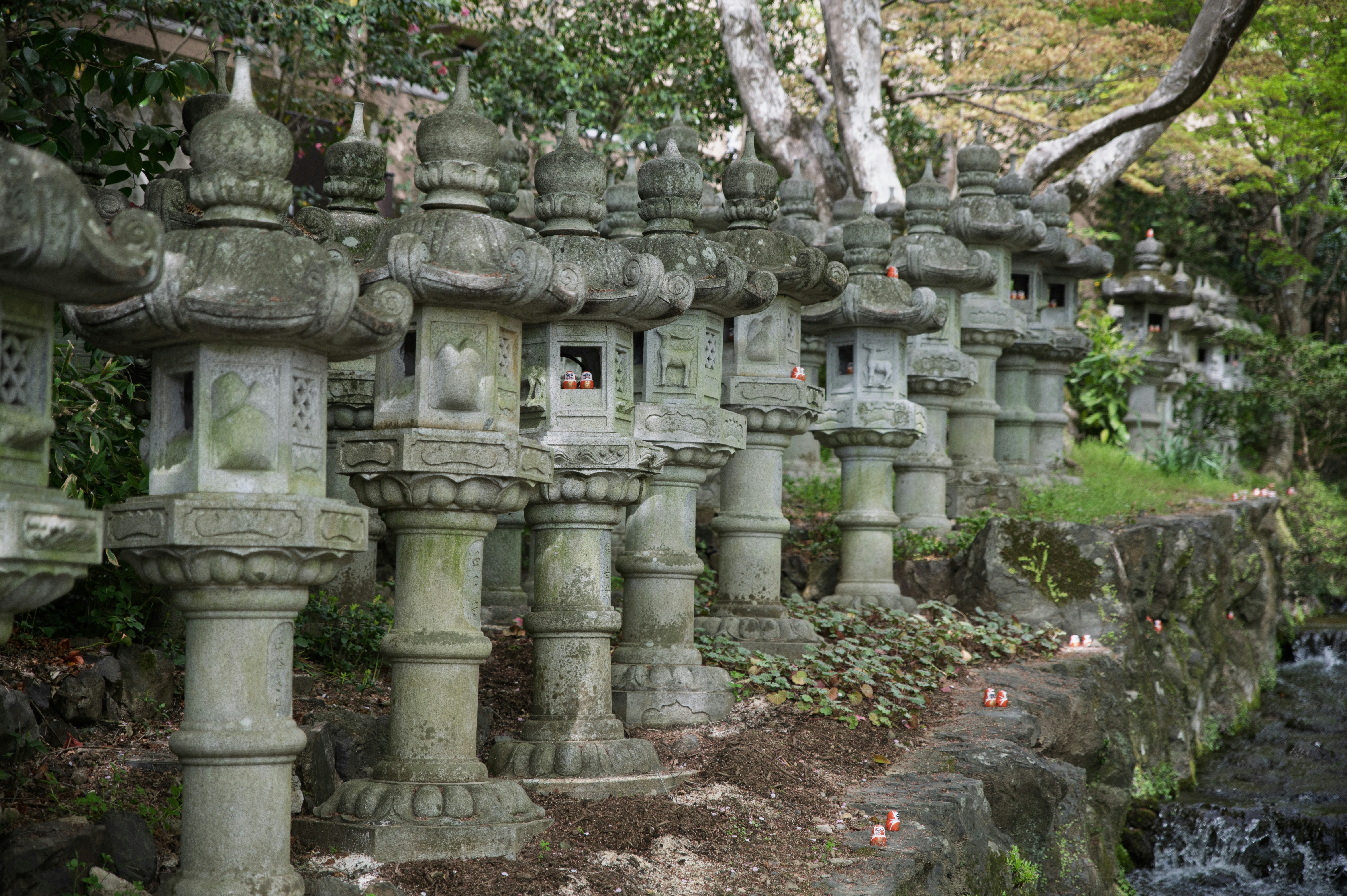 Stone lanterns line a path in a lush garden.
