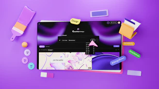 Digital design elements on a purple background