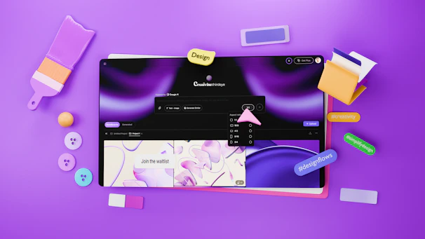 Digital design elements on a purple background