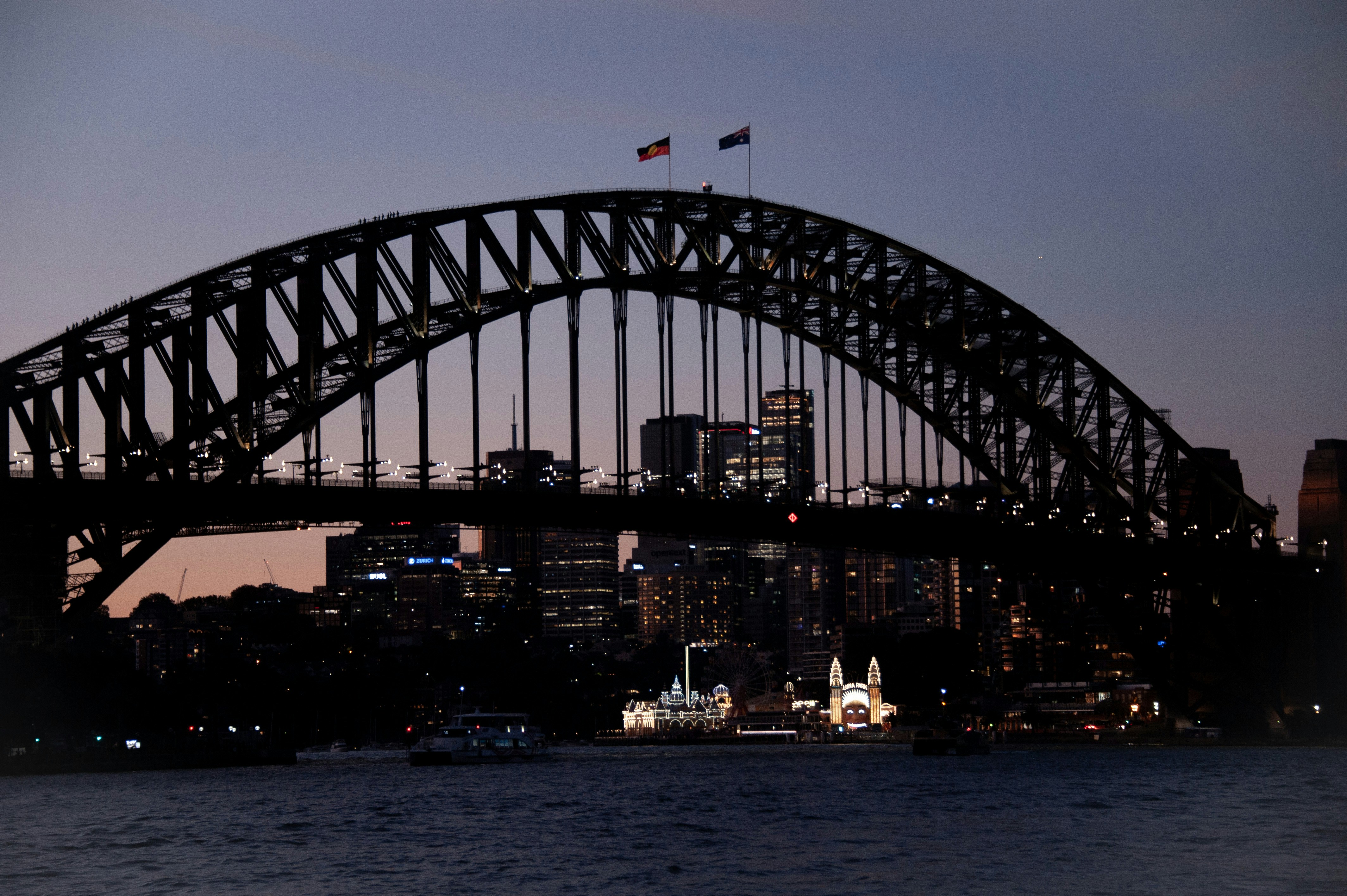 Sydney harbour bridge at dusk with city lights