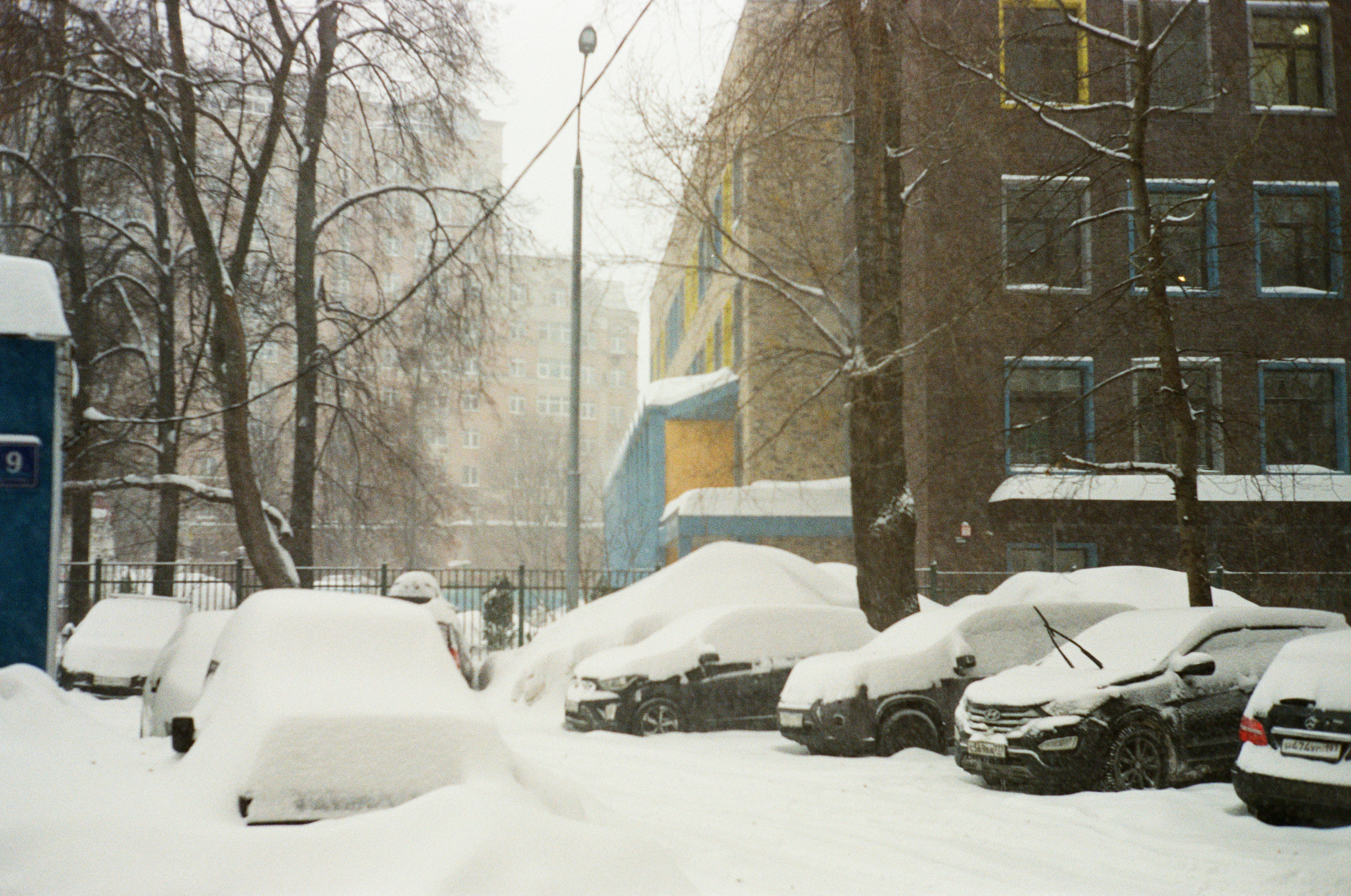 Carros cobertos de neve durante uma nevasca.