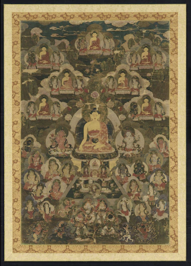Buddha surrounded by many figures in a traditional painting